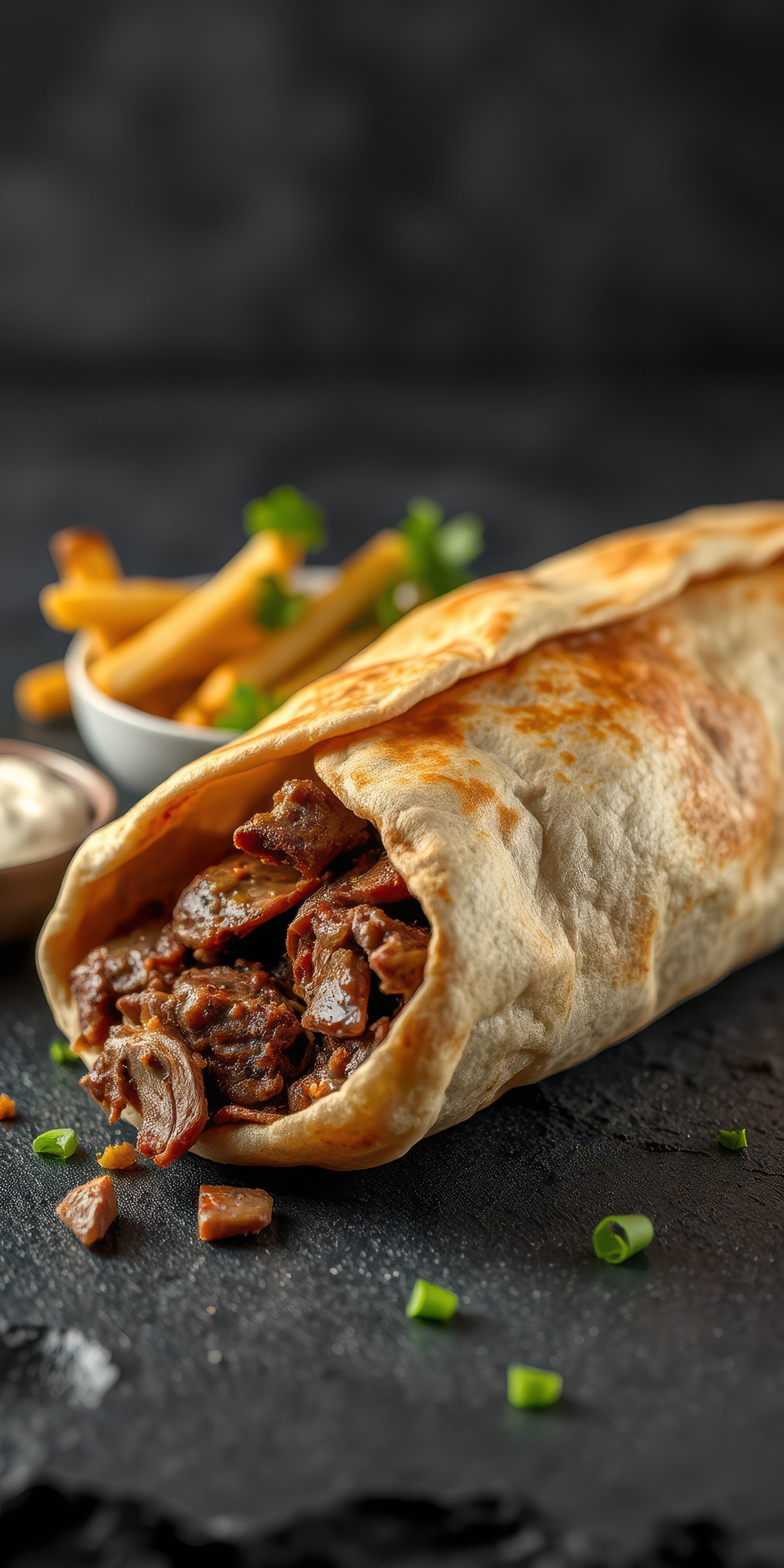 Delicious burrito wrapped with tender meat and served with crispy fries and creamy dip